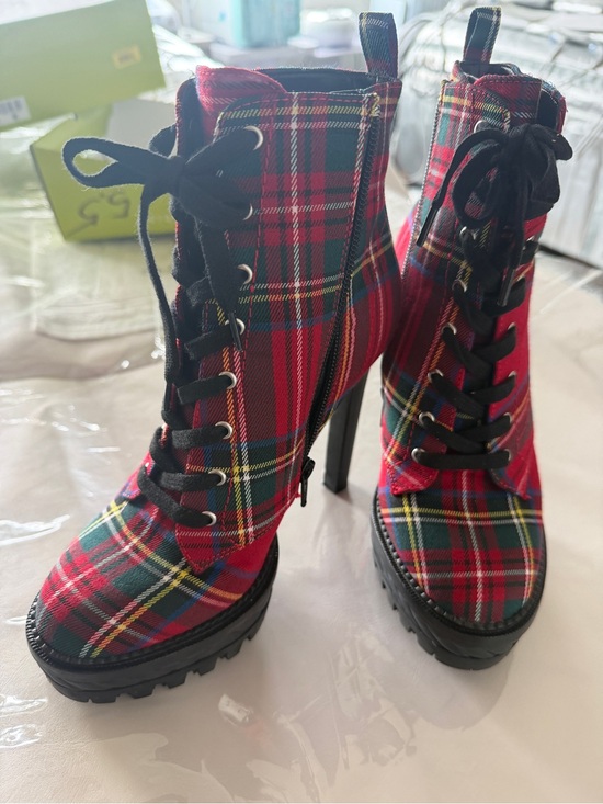 Gianni Bini Shoes - Gianni Bini Red Plaid Lace-Up High Heel Ankle Boots